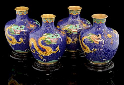 Four modern Chinese cloisonne vases, the blue ground decorated with dragons chasing the flaming pear
