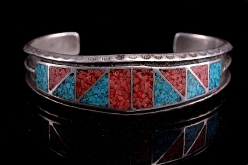 Navajo Sterling Silver Turquoise & Corral Bracelet