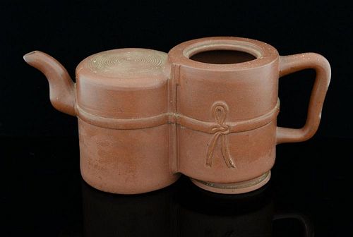 Chinese Yixing teapot in the form of two cylindrical baskets tied together, 8cm high,