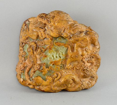 Chinese ginger jade boulder carving with nine dragons contesting flaming pearls, approximately 15cm