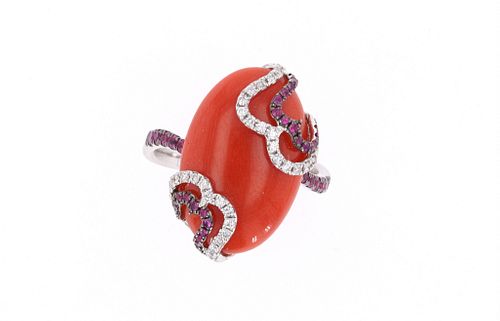 Excellent Red Branch Coral & 18k White Gold Ring
