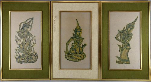 Three 20th century Far Eastern brass rubbings depicting figures in different poses, 51cm x 26.5cm,