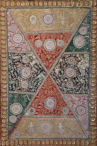 Mid 20th century Persian embroidery, the multi-coloured gauze ground with metallic thread floral dec