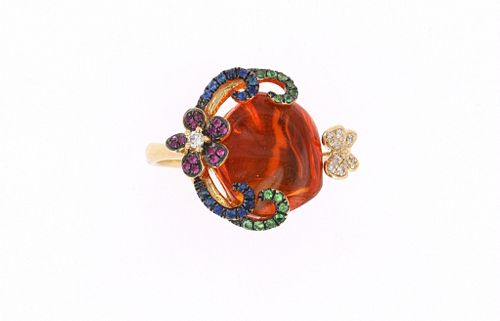 Art Nouveau Fire Opal & Multi Stone 18k Gold Ring