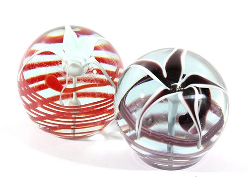 Signed Glass Art Flower Paperweights c. 1976