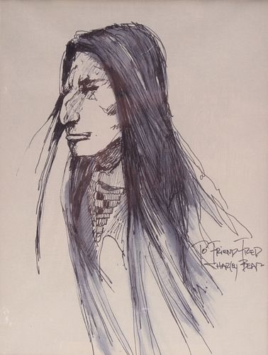 Charley Bear (1950 -) Ink & Pen Native Man Artwork