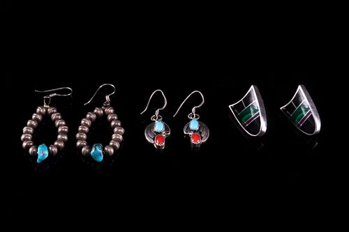 Navajo Signed Sterling Silver Multi Stone Earrings