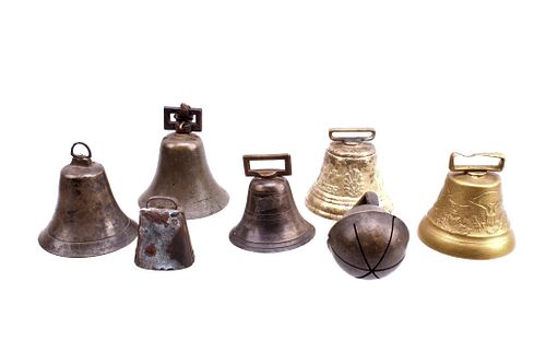 Seven Various Antique Brass Bells Collection