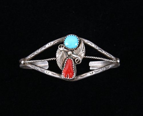 Navajo Sterling Silver Turquoise & Coral Bracelet