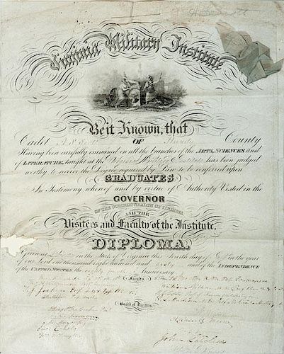 Thomas J. "Stonewall" Jackson, VMI Diploma Signed by Several Future Confederate Officers 