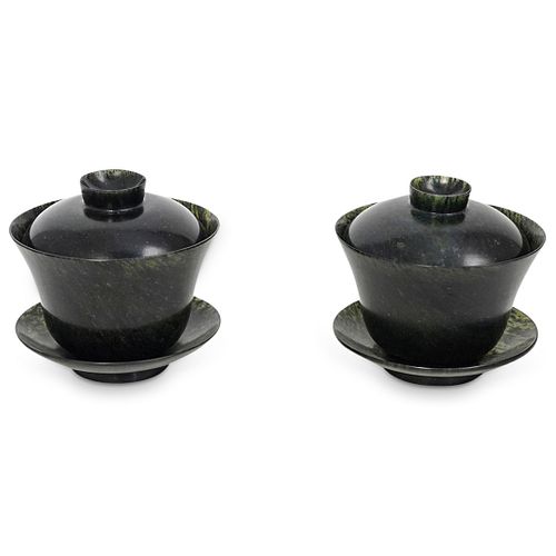 (2 Pc) Chinese Spinach Jade Lidded Cups
