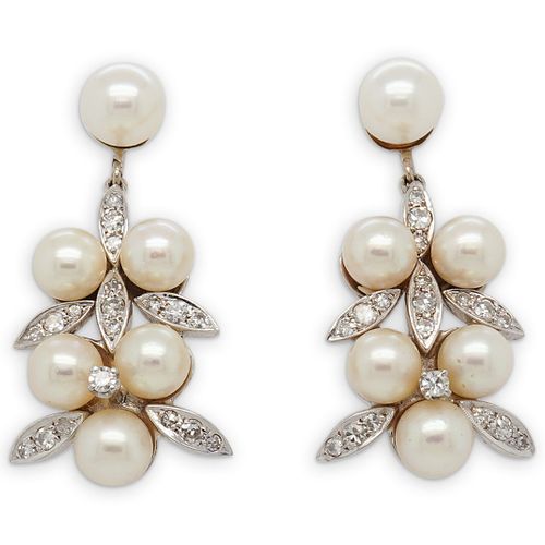 14K White Gold, Diamond & Pearl Earrings