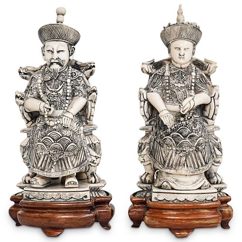 Antique Chinese Hand Carved Bone Emperor & Empress