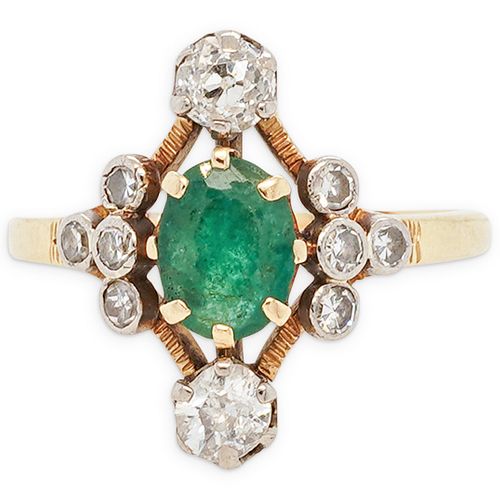 Vintage 18k Gold Diamond & Emerald Ring