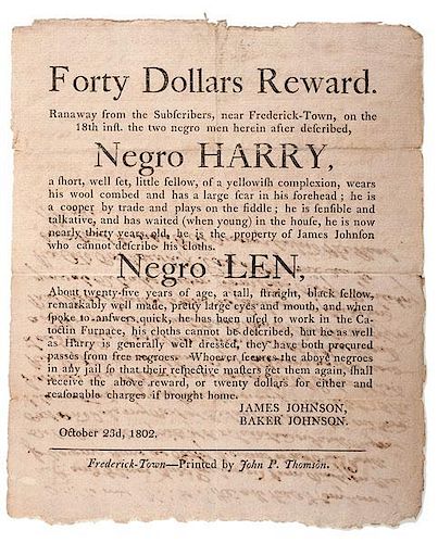 Runaway Slave Reward Broadside, Maryland, 1802 