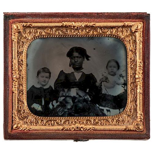 Sixth Plate Ruby Ambrotype of an African-American Nanny with Two White Children and Their Cat 
