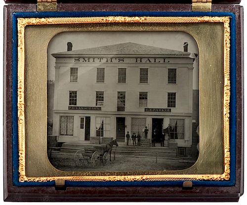 Quarter Plate Ambrotype of a Street View of Smith's Hall in Cayuga County, New York 