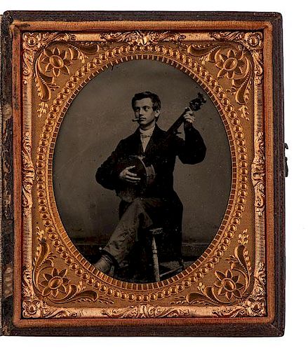 Sixth Plate Tintype of a Man Strumming a Banjo and Smoking a Cigar 