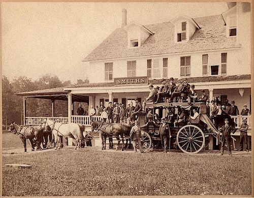 Railroad Excursion Party Outside Paul Smith's Hotel, Adirondacks, New York, Albumen Photograph 