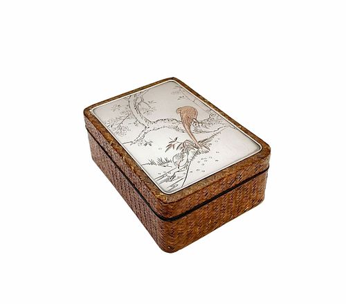 Japanese Silver & Mix Metal Woven Cane Trinket Box