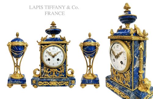 A Tiffany & Co. Lapis Lazuli Bronze Clock Set, 19th C.
