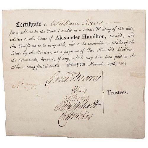 Alexander Hamilton Estate Document Signed by Constitutional Congress Members and Signers of the Constitution Incl. Gov. William Morris, 1804 