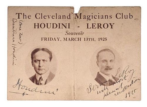 Harry Houdini, Beatrice Houdini, and Servais LeRoy, Signed Cleveland Magician's Club Card 