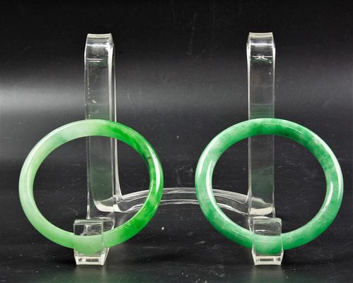 Two Chinese Green Jadeite Bangle Bracelets