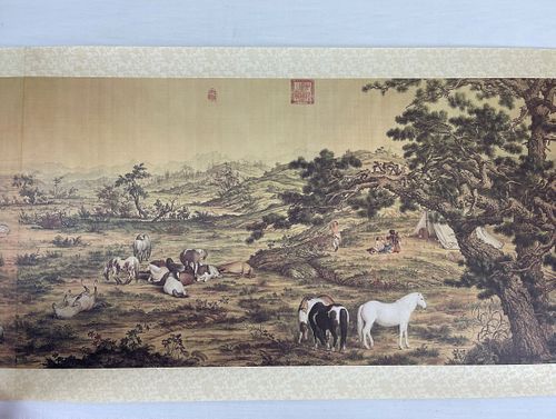 A Print Lang Shining Chinese Painting Scroll On Silk