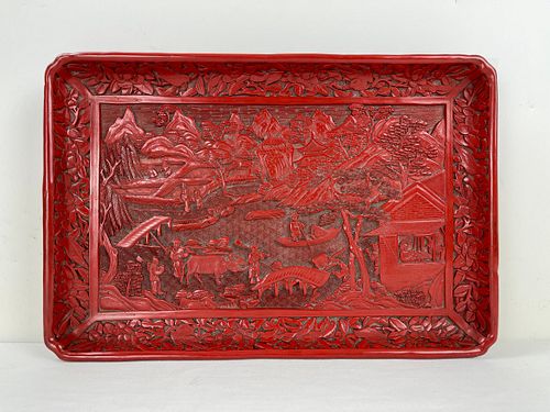 An Antique Carved Chinese Cinnabar Rectangle Tray