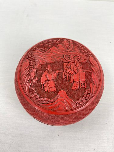 A Detailed Carved Chinese Cinnabar Box with Lidded
