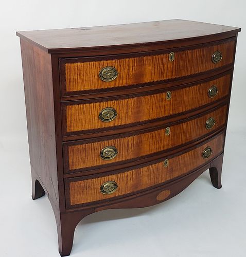 American Federal Mahogany and Tiger Maple Bow Front Chest of Drawers, 19th century