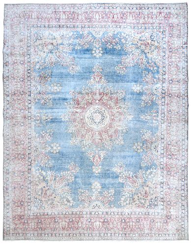 Hand Knotted Bohemian Blue Persian Wool Kerman Carpet, circa 1940s