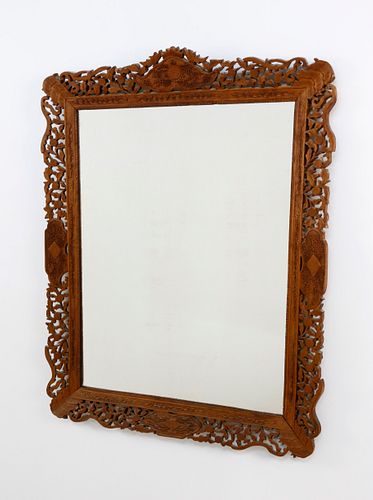 Chinese Export Carved Sandalwood Pierced Frame with Mirror