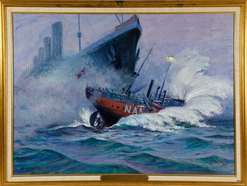 Charles J. Mazoujian Oil on Canvas "Lightship Nantucket Sunk by R.M.S. Olympic"
