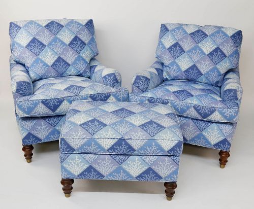 Pair of Shades of Blue and White Coral Pattern Upholstered Club Chairs and Ottoman