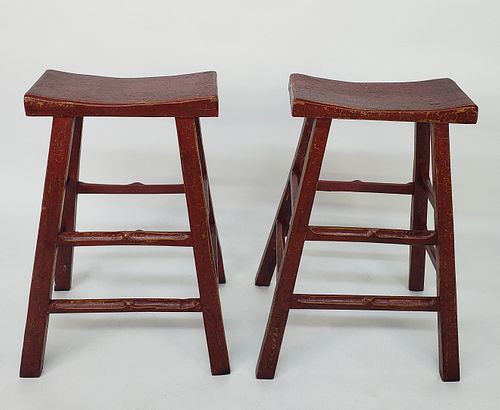 Pair of Vintage Chinese Red Painted Counter Top Barstools