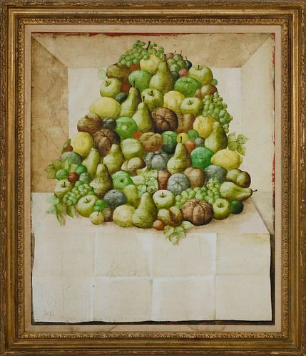 Lucien Auge Oil on Canvas "Tower of Fruit Still Life"