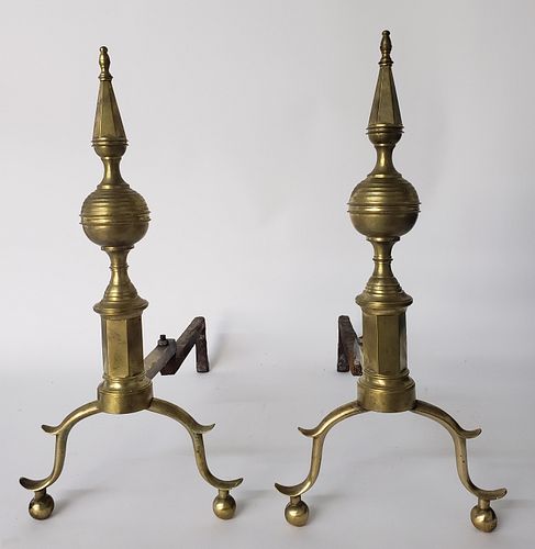Pair of 19th Century New York Brass Ball and Steeple Top Andirons