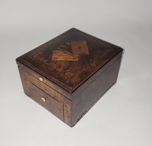 19th Century Burlwood Inlaid Playing Card and Game Storage Box