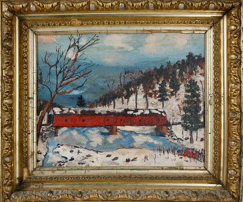 Annabell Williams Oil on Canvasboard "Covered Bridge, Lexington, MA" 1935