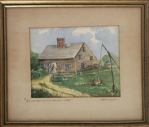 Vintage Anne H. Mellin Watercolor on Paper, "Jethro Coffin House 1686", Nantucket