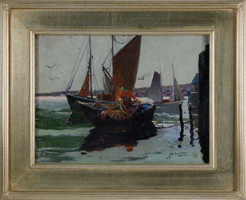 James Milton Sessions Oil on Canvas Board "Fisherman at Pier"