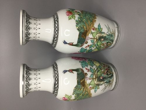 PAIR OF CHINESE FAMILLE ROSE PORCELAIN VASE , HAND PAINTED PEACOCK ,H21CM