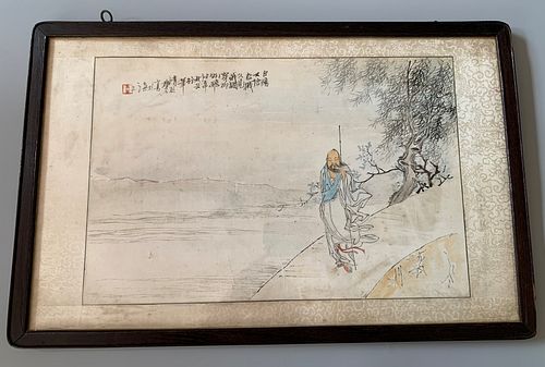 CHINESE HAND PAINTING FIGURES IN HARDWOOD FRAME, 62.5CM X 40CM