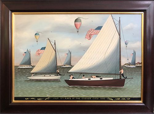 Ralph Cahoon Jr. Oil on Masonite "July 4th Race of the Crosby Cats, 1880"