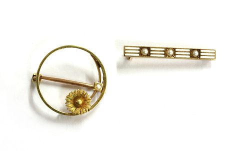 An American gold enamel and split pearl bar brooch,