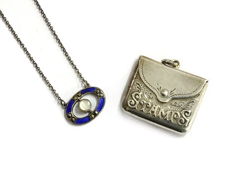 A sterling silver mother-of-pearl, enamel and marcasite pendant, by Charles Horner,