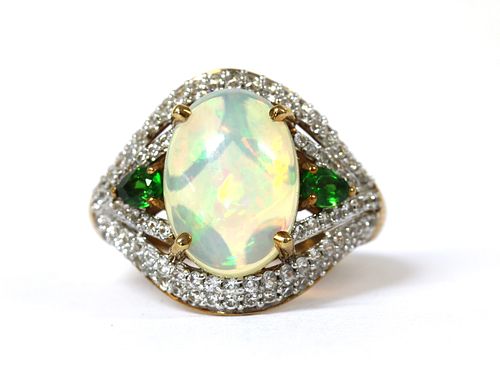 A 9ct gold opal, chrome diopside and zircon ring,