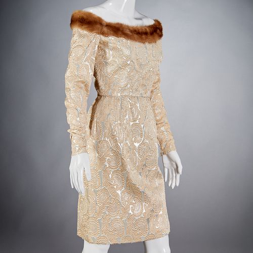 Vintage fur trimmed brocade cocktail dress